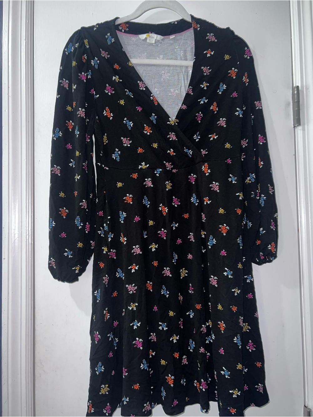 Boden Black Midi Dress with Multicolor Floral Print